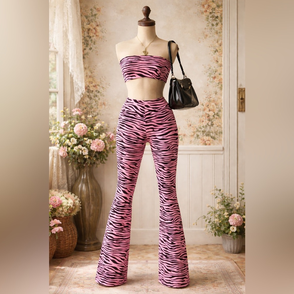 Motel Zebra Pink Jeevan Twinset, Flare Pants, & Bandeau Top